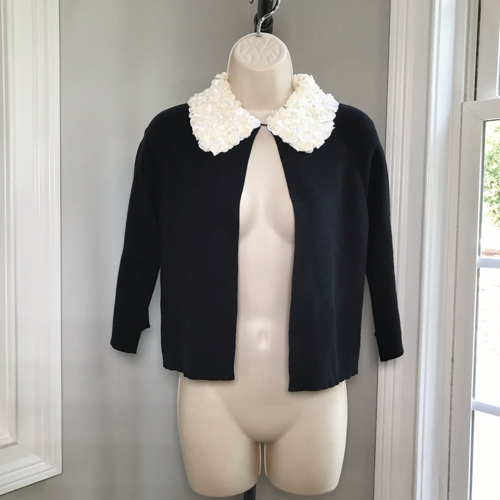 Vintage Michael Simon Black Ivory Rosette Crop Sweater Cardigan ~ Women’s Small - Picture 6 of 7
